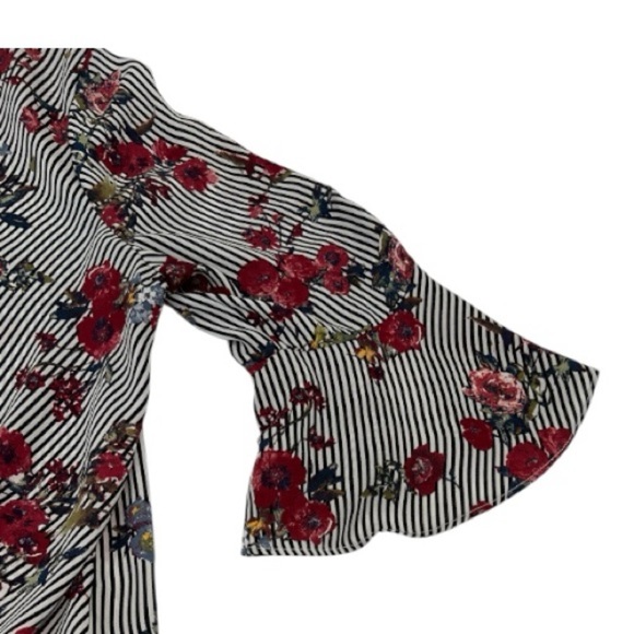 BCX Floral Stripe Wrap Front Bell Sleeve Blouse Women’s Large - Picture 5 of 9